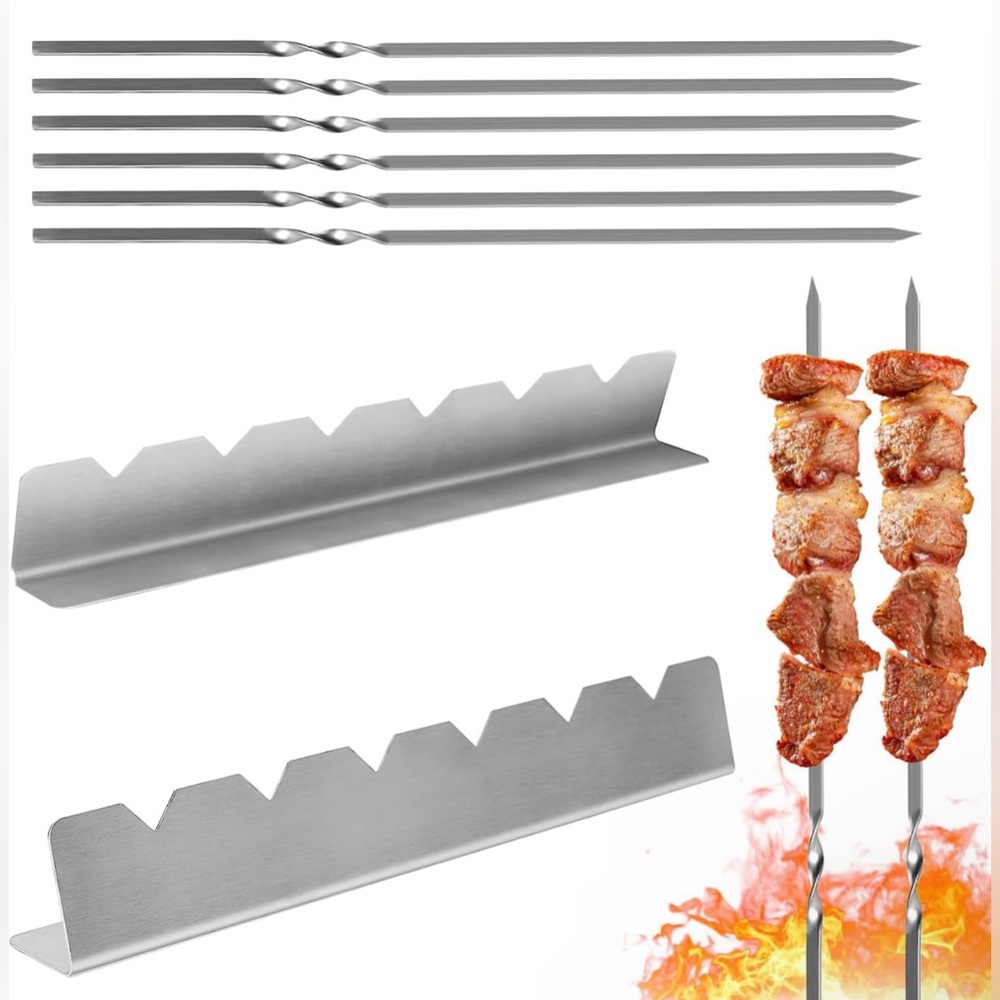 Skewers Rack Set of 2, 6pcs Stainless Steel BBQ Skewers